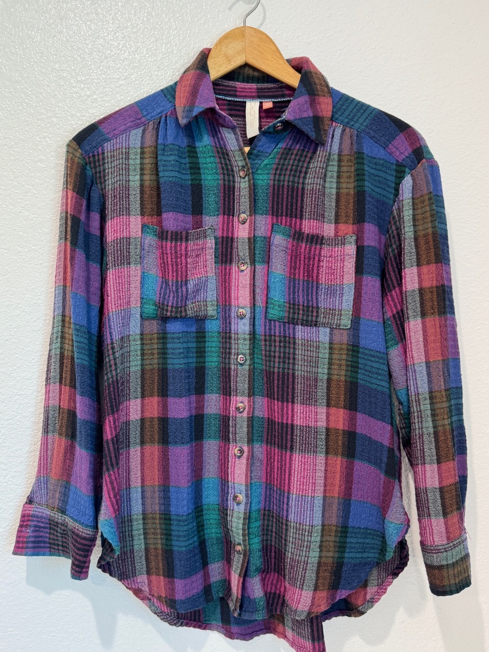 Anthropologie Pilcro Oversized Plaid Flannel Button Down Shirt Jewel Tone XXSP